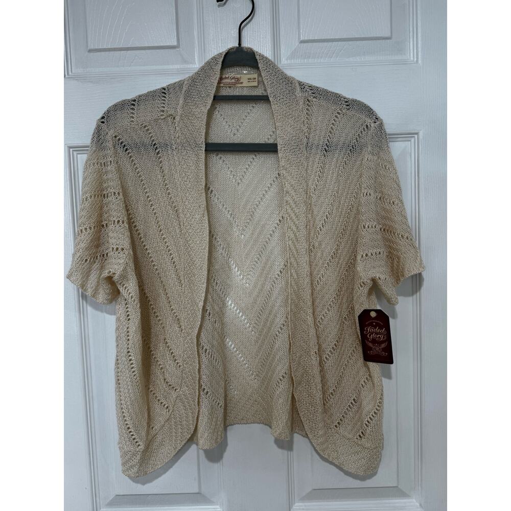 NWT Faded Glory Open Front Knit Cardigan Cream XXL 20 Plus Short Sleeve